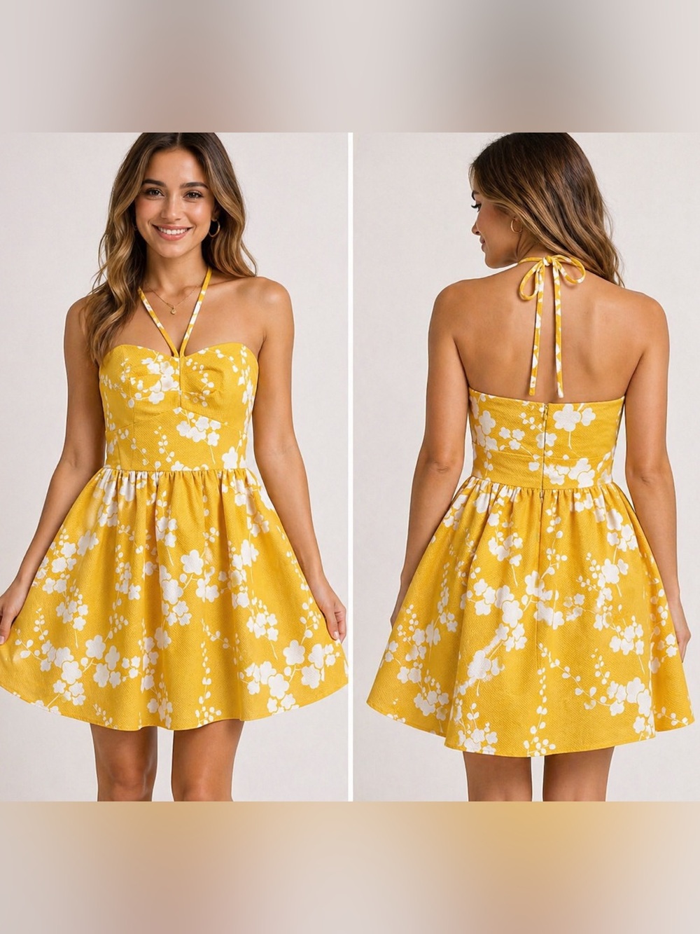Molly New York Cherry Blossom Halter Dress Yellow and White Flowers Size 8